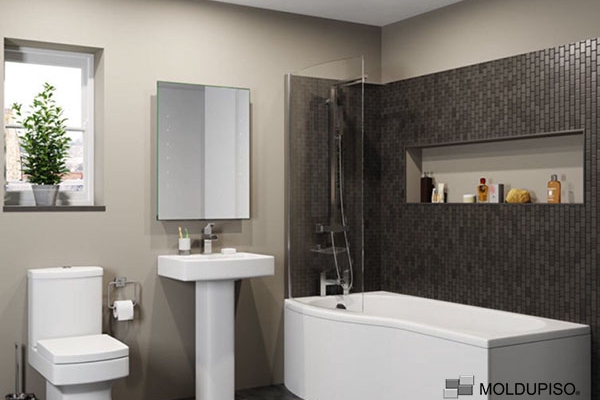 Tira esquinera de aluminio estándar en baño elegante y moderno con pared gris de mosaico con muebles blancos y bañera blanca con molduras de aluminio