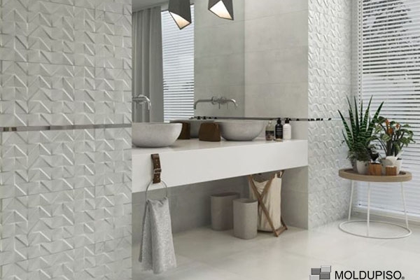 Listelo de aluminio de 30mm en baño blanco moderno, grande y elegante con ventanal y plantas con molduras de aluminio